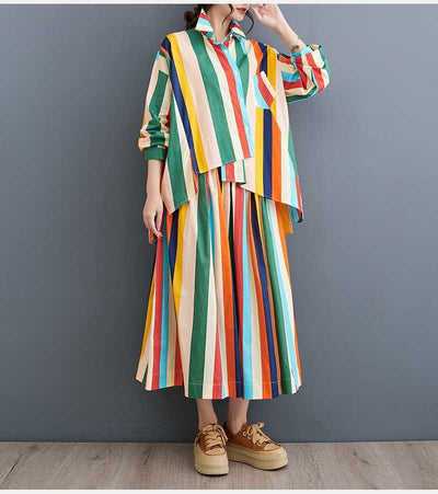Conjunto de Falda y Blusa Artística con Rayas Irregulares y Dobladillo Amplio - Image 19