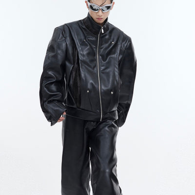 Chaqueta de Cuero PU Motociclista con Costuras Reforzadas para Hombre - Image 9