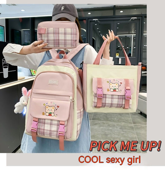 Mochila Escolar de Tres Piezas a Cuadros con Gran Capacidad - Image 14