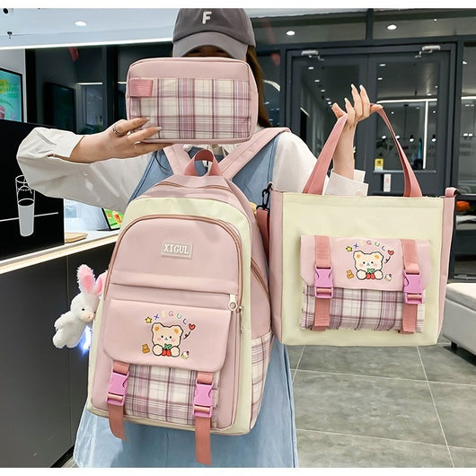 Mochila Escolar de Tres Piezas a Cuadros con Gran Capacidad - Image 18