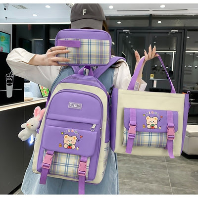 Mochila Escolar de Tres Piezas a Cuadros con Gran Capacidad - Image 21