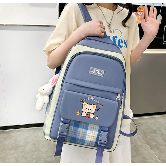 Mochila Escolar de Tres Piezas a Cuadros con Gran Capacidad - Image 28