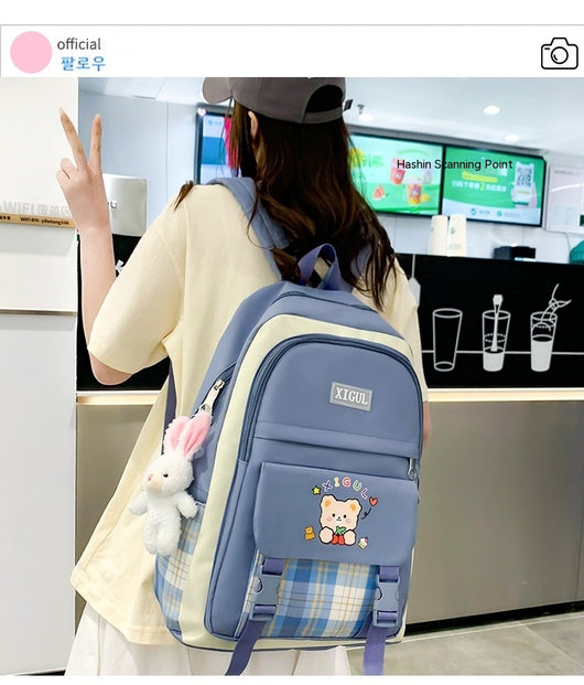 Mochila Escolar de Tres Piezas a Cuadros con Gran Capacidad - Image 42