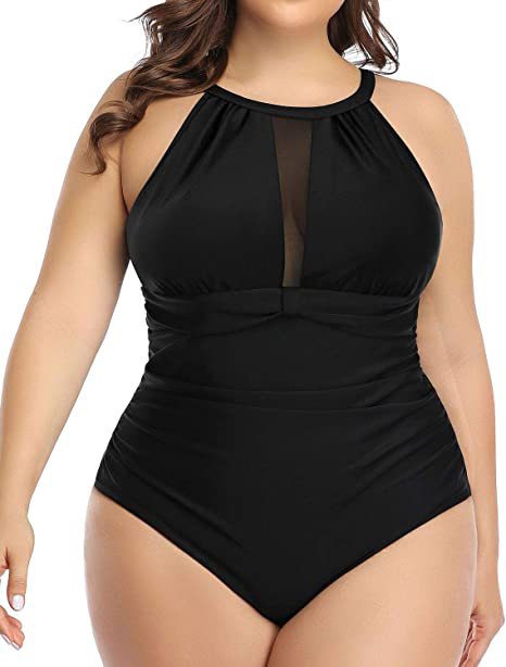 Plus size black one-piece swimsuit with a halter neck and mesh V-neck insert, featuring ruched sides. - Image 27