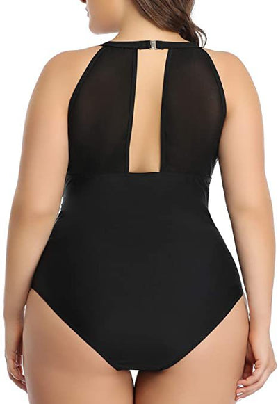 Plus size black one-piece swimsuit with a halter neck and mesh V-neck insert, featuring ruched sides. - Image 30