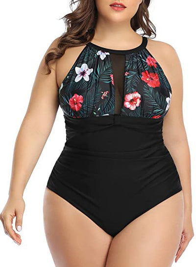 Plus size black one-piece swimsuit with a halter neck and mesh V-neck insert, featuring ruched sides. - Image 33