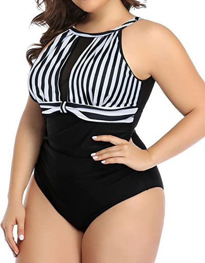 Plus size black one-piece swimsuit with a halter neck and mesh V-neck insert, featuring ruched sides. - Image 36