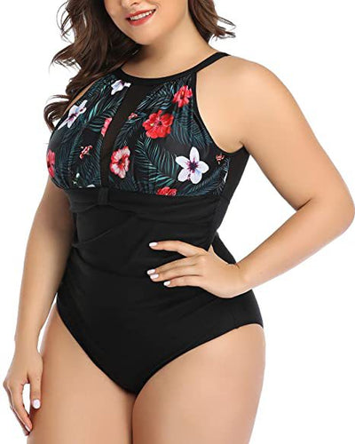 Plus size black one-piece swimsuit with a halter neck and mesh V-neck insert, featuring ruched sides. - Image 41