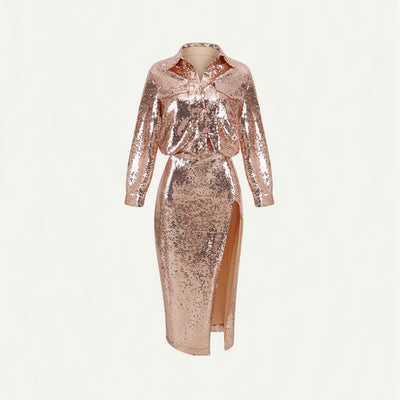 Conjunto Dos Piezas: Blusa Larga con Lentejuelas y Falda Brillante - Image 36