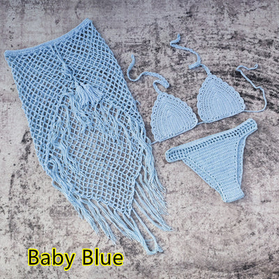 White 3-piece handmade crochet bikini set with triangle top, high-cut bottoms, and fringed mesh beach skirt. - Image 49