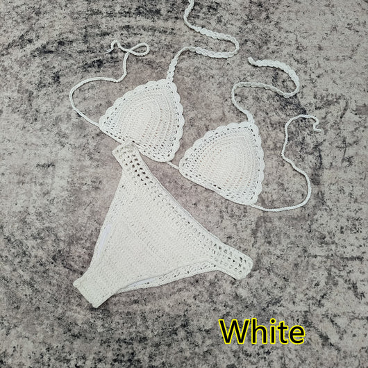 White 3-piece handmade crochet bikini set with triangle top, high-cut bottoms, and fringed mesh beach skirt. - Image 55