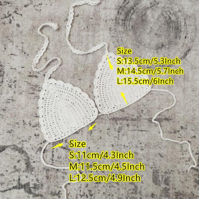 White 3-piece handmade crochet bikini set with triangle top, high-cut bottoms, and fringed mesh beach skirt. - Image 59
