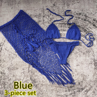 White 3-piece handmade crochet bikini set with triangle top, high-cut bottoms, and fringed mesh beach skirt. - Image 62