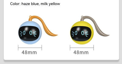 Yellow electric cat toy ball with a black face, glowing blue eyes and whiskers, and a grey tail attachment. - Image 32