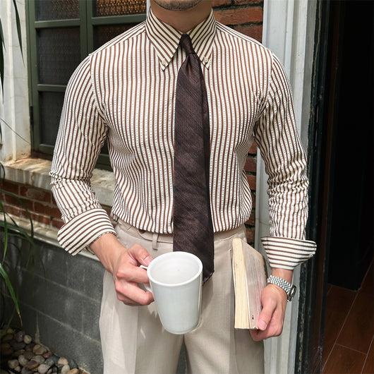 Camisa de Rayas Seersucker Transpirable de Manga Larga para Hombre - Image 24