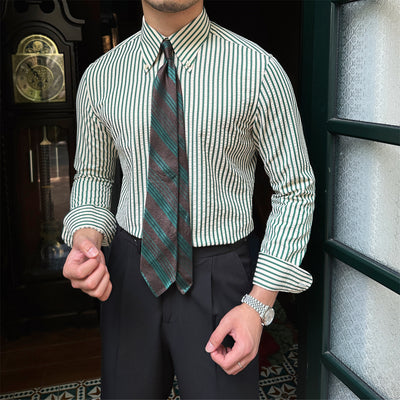 Camisa de Rayas Seersucker Transpirable de Manga Larga para Hombre - Image 26