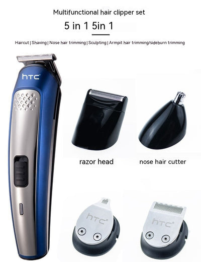 Five-in-one HTC electric hair clipper set with multiple attachments and a black charging stand on a dark background. - Image 6