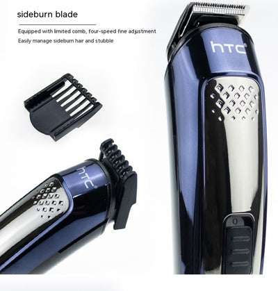Five-in-one HTC electric hair clipper set with multiple attachments and a black charging stand on a dark background. - Image 10