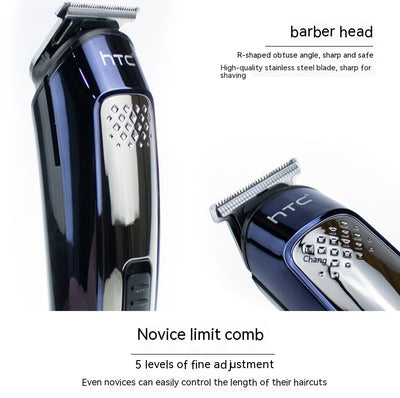 Five-in-one HTC electric hair clipper set with multiple attachments and a black charging stand on a dark background. - Image 12