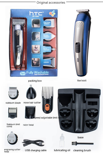 Five-in-one HTC electric hair clipper set with multiple attachments and a black charging stand on a dark background. - Image 13