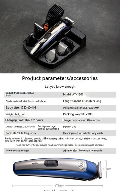 Five-in-one HTC electric hair clipper set with multiple attachments and a black charging stand on a dark background. - Image 15