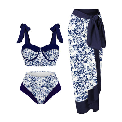 Women's three-piece swimsuit with tropical pomegranate, hibiscus, and bird print bikini and magenta sarong. - Image 24