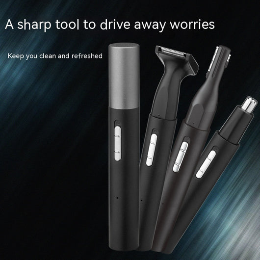 Black multifunctional men's grooming kit with electric shaver, nose hair trimmer, eyebrow trimmer, cleaning brush, and USB cable. - Image 19