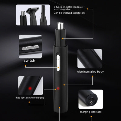 Black multifunctional men's grooming kit with electric shaver, nose hair trimmer, eyebrow trimmer, cleaning brush, and USB cable. - Image 21