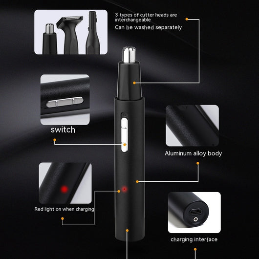 Black multifunctional men's grooming kit with electric shaver, nose hair trimmer, eyebrow trimmer, cleaning brush, and USB cable. - Image 21