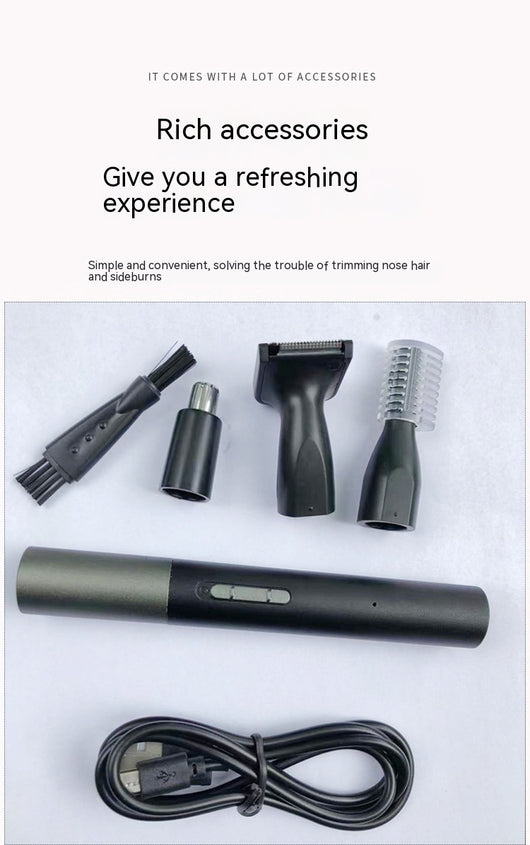 Black multifunctional men's grooming kit with electric shaver, nose hair trimmer, eyebrow trimmer, cleaning brush, and USB cable. - Image 24