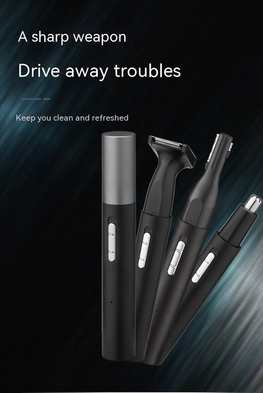Black multifunctional men's grooming kit with electric shaver, nose hair trimmer, eyebrow trimmer, cleaning brush, and USB cable. - Image 29