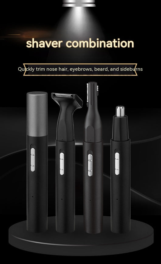 Black multifunctional men's grooming kit with electric shaver, nose hair trimmer, eyebrow trimmer, cleaning brush, and USB cable. - Image 32