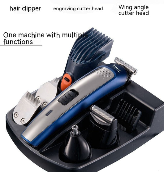 Five-in-one HTC electric hair clipper set with multiple attachments and a black charging stand on a dark background. - Image 18
