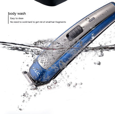 Five-in-one HTC electric hair clipper set with multiple attachments and a black charging stand on a dark background. - Image 19
