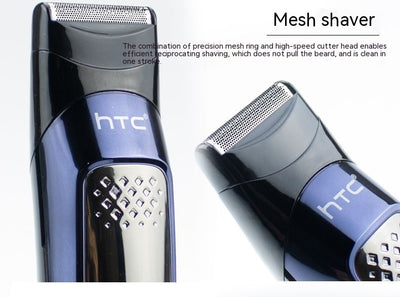 Five-in-one HTC electric hair clipper set with multiple attachments and a black charging stand on a dark background. - Image 20