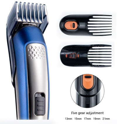 Five-in-one HTC electric hair clipper set with multiple attachments and a black charging stand on a dark background. - Image 22