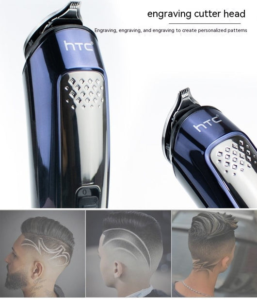 Five-in-one HTC electric hair clipper set with multiple attachments and a black charging stand on a dark background. - Image 25