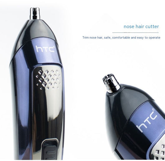 Five-in-one HTC electric hair clipper set with multiple attachments and a black charging stand on a dark background. - Image 27