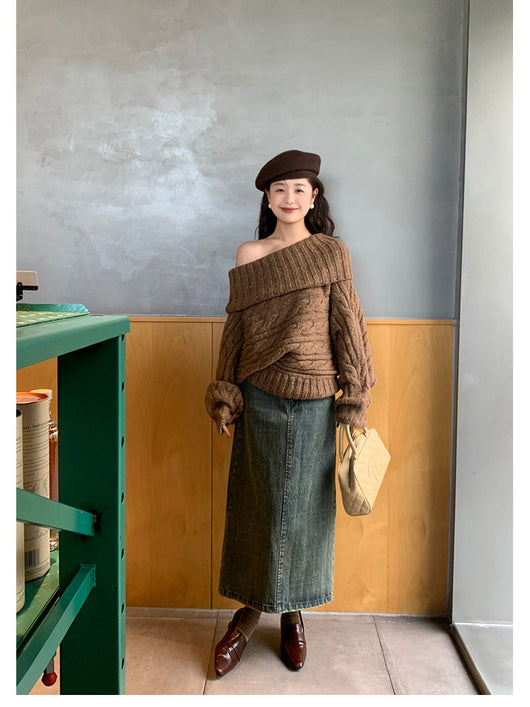 Suéter Elegante Escote Frío Retorcido para Mujer - Image 31
