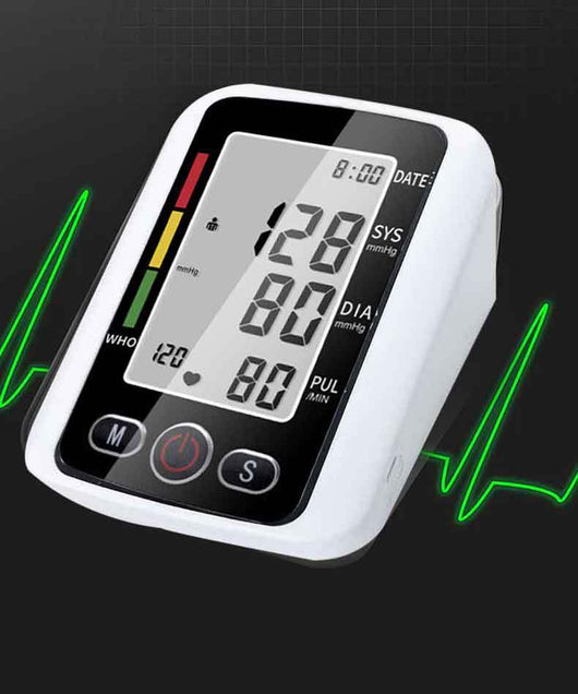 White electronic arm blood pressure monitor with large digital display and dark blue cuff, next to its product box. - Image 23
