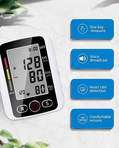 White electronic arm blood pressure monitor with large digital display and dark blue cuff, next to its product box. - Image 25