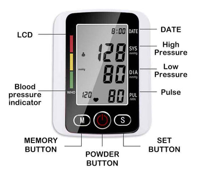 White electronic arm blood pressure monitor with large digital display and dark blue cuff, next to its product box. - Image 26