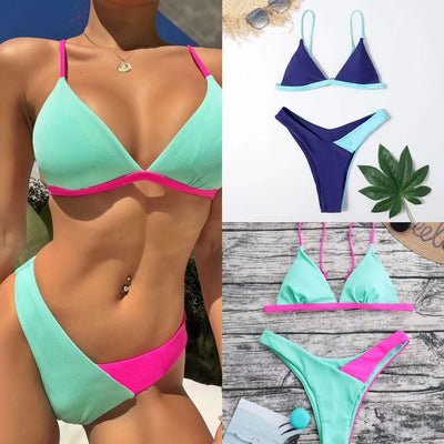 Mint green ribbed triangle bikini with hot pink trim and high-cut bottom, displayed on a wooden surface. - Image 14