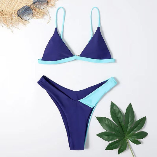Mint green ribbed triangle bikini with hot pink trim and high-cut bottom, displayed on a wooden surface. - Image 16