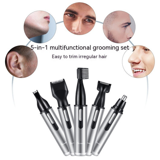 Five-in-one multifunctional USB charging hair trimmer kit with silver body, multiple black heads, and storage base. - Image 7