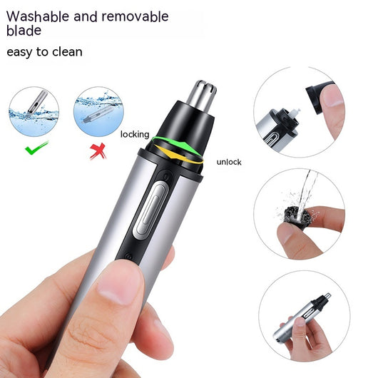 Five-in-one multifunctional USB charging hair trimmer kit with silver body, multiple black heads, and storage base. - Image 8