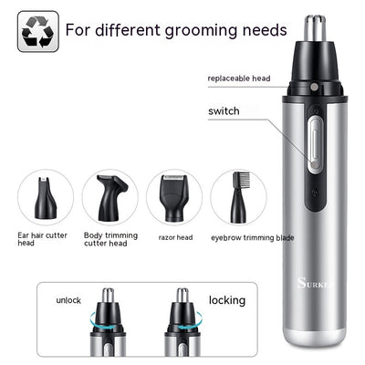 Five-in-one multifunctional USB charging hair trimmer kit with silver body, multiple black heads, and storage base. - Image 9