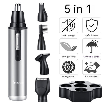 Five-in-one multifunctional USB charging hair trimmer kit with silver body, multiple black heads, and storage base. - Image 11