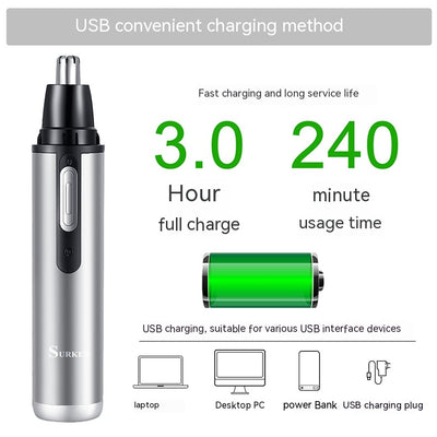Five-in-one multifunctional USB charging hair trimmer kit with silver body, multiple black heads, and storage base. - Image 12