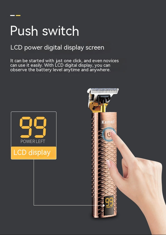 Rose gold hair clipper with diamond mesh engraving, gold blade, and digital display showing '99 POWER LEFT'. - Image 14